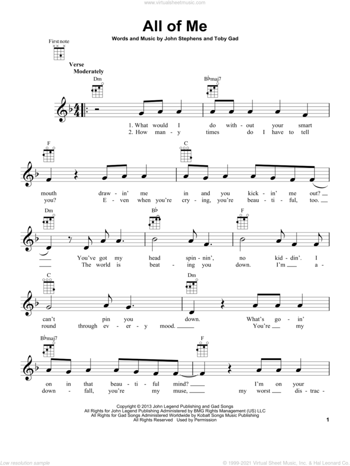 All Of Me sheet music for ukulele by John Legend, John Stephens and Toby Gad, wedding score, intermediate skill level
