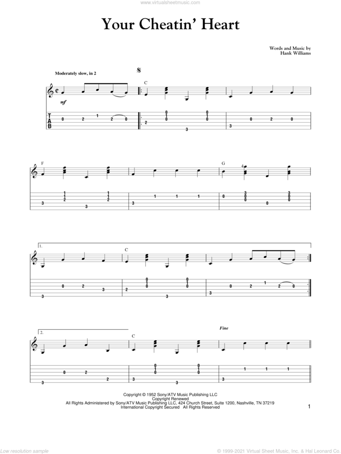 Your Cheatin' Heart sheet music for guitar solo by Hank Williams, Carter Style Guitar, Mark Phillips, Carter Family and Patsy Cline, intermediate skill level