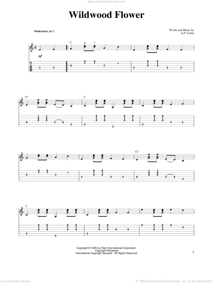 Wildwood Flower sheet music for guitar solo by A.P. Carter, Carter Style Guitar, Mark Phillips, Carter Family and The Carter Family, intermediate skill level