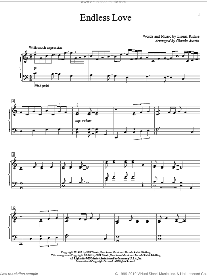 Endless Love sheet music for piano solo (elementary) by Lionel Richie & Diana Ross, Diana Ross, Glenda Austin and Lionel Richie, wedding score, beginner piano (elementary)