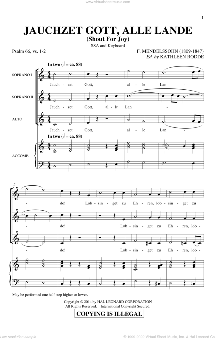 Jauchzet Gott, Alle Lande sheet music for choir (SSA: soprano, alto) by Felix Mendelssohn-Bartholdy and Kathleen Rodde, intermediate skill level