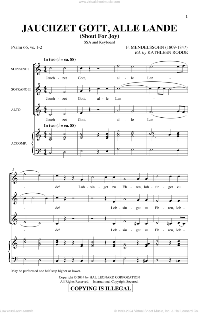 Jauchzet Gott, Alle Lande sheet music for choir (SSA: soprano, alto) by Felix Mendelssohn-Bartholdy and Kathleen Rodde, intermediate skill level