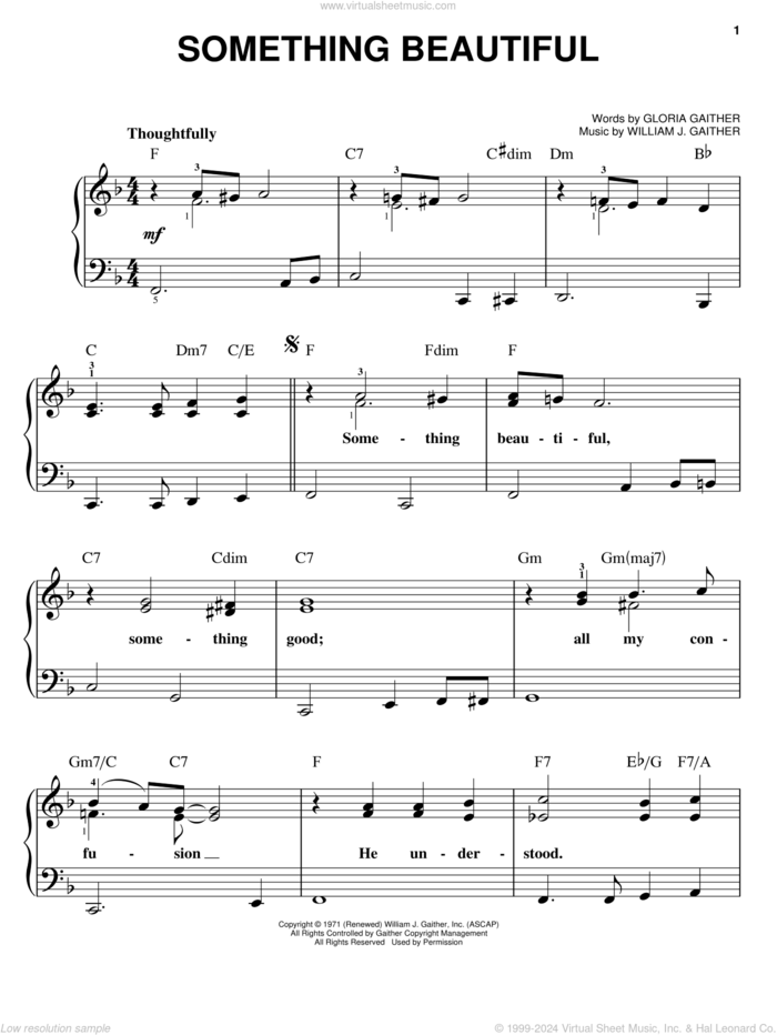 Something Beautiful sheet music for piano solo by Bill & Gloria Gaither, Gloria Gaither and William J. Gaither, easy skill level