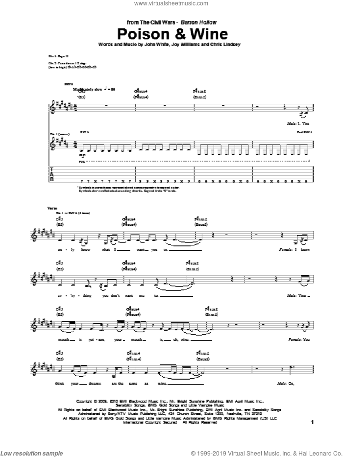 Poison and Wine sheet music for guitar (tablature) by The Civil Wars, Chris Lindsey, John White and Joy Williams, intermediate skill level