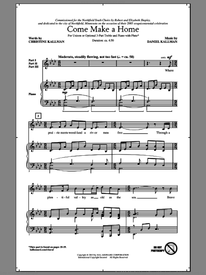Come Make A Home sheet music for choir (3-Part Treble) by Daniel Kallman and Christine Kallman, intermediate skill level