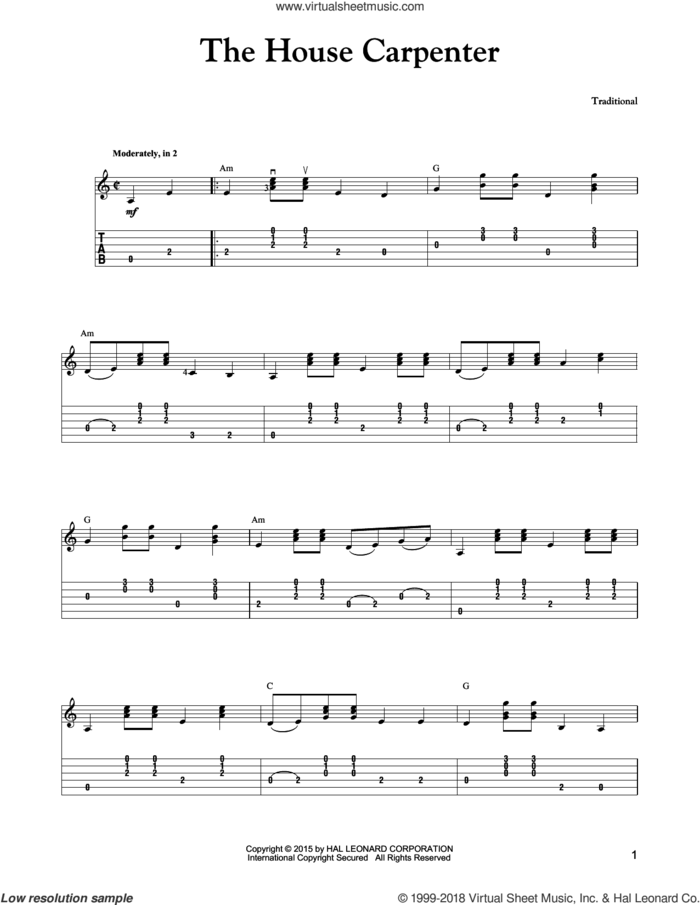 The House Carpenter sheet music for guitar solo by Carter Style Guitar and Carter Family, intermediate skill level