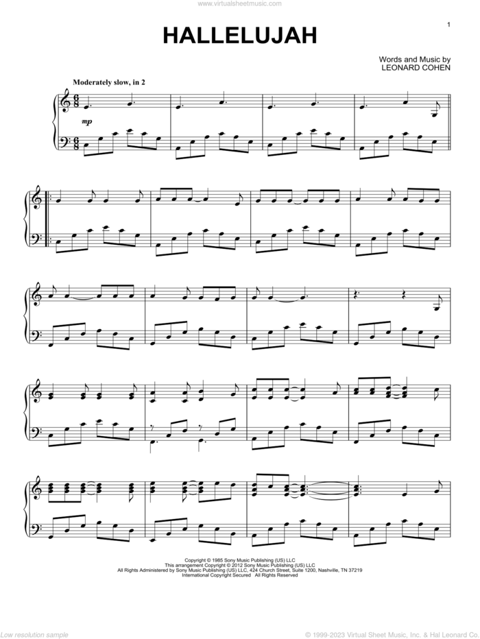 Hallelujah, (intermediate) sheet music for piano solo by Leonard Cohen, Justin Timberlake & Matt Morris featuring Charlie Sexton and Lee DeWyze, intermediate skill level