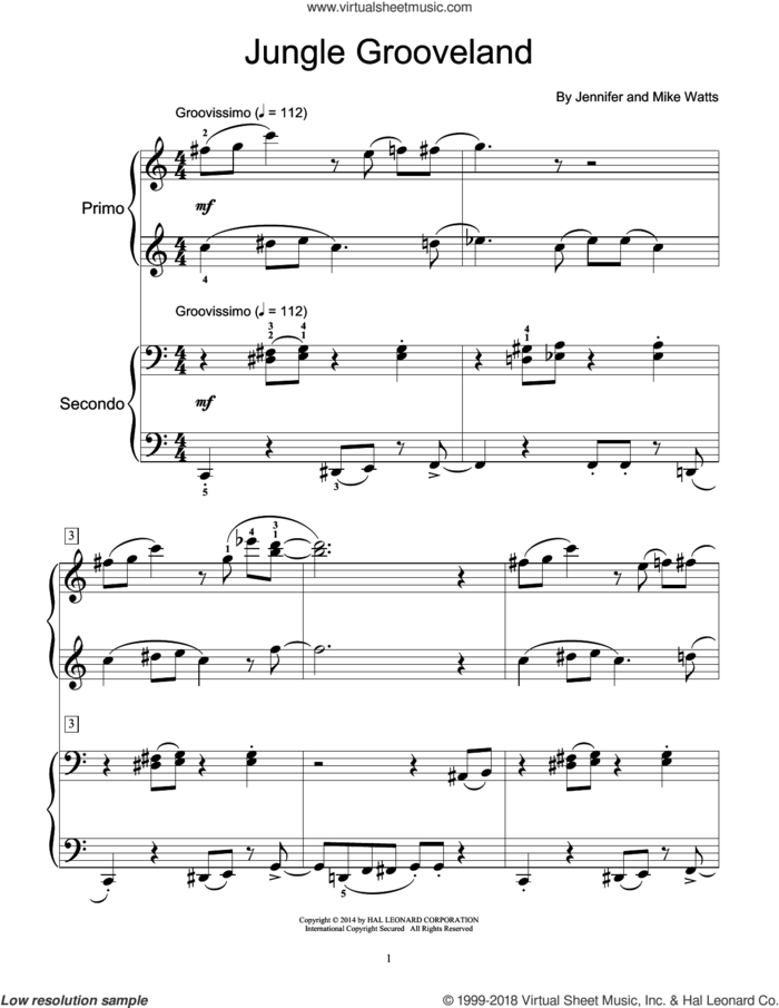 Jungle Grooveland sheet music for piano four hands by Jennifer Watts and Mike Watts, intermediate skill level