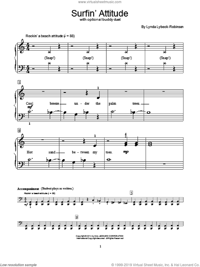 Surfin' Attitude sheet music for piano solo (elementary) by Lynda Lybeck-Robinson, beginner piano (elementary)