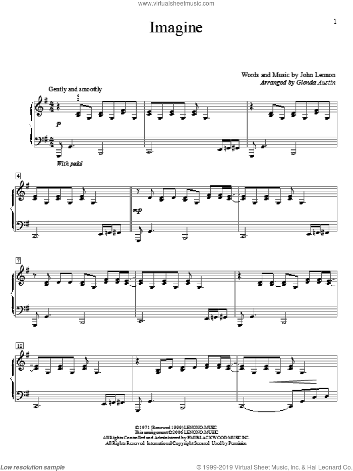 Imagine sheet music for piano solo (elementary) by John Lennon and Glenda Austin, beginner piano (elementary)