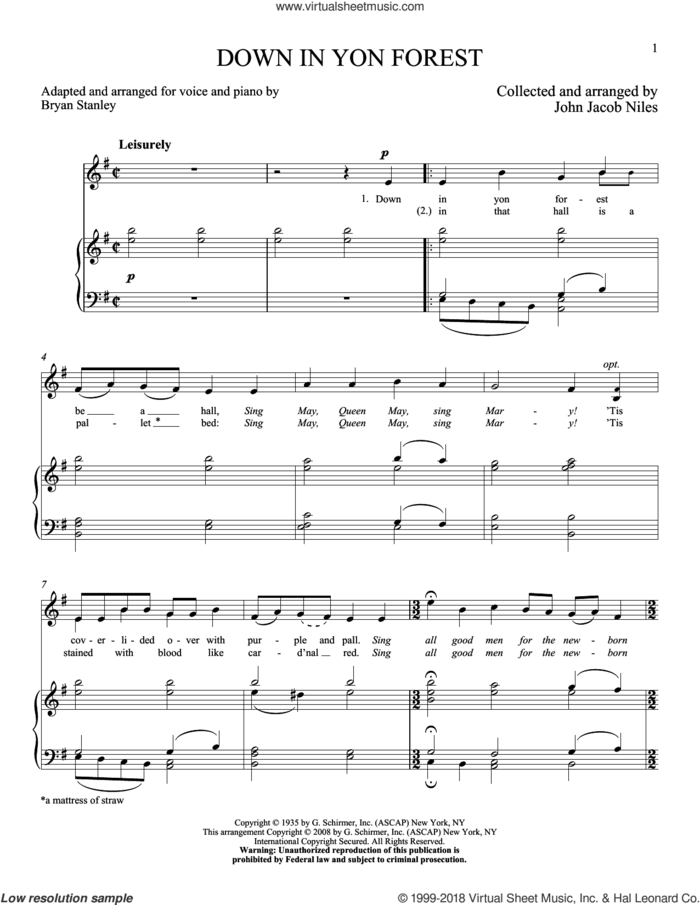 Down In Yon Forest sheet music for voice and piano (High Voice) by John Jacob Niles, classical score, intermediate skill level