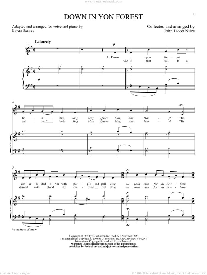 Down In Yon Forest sheet music for voice and piano (High Voice) by John Jacob Niles, classical score, intermediate skill level