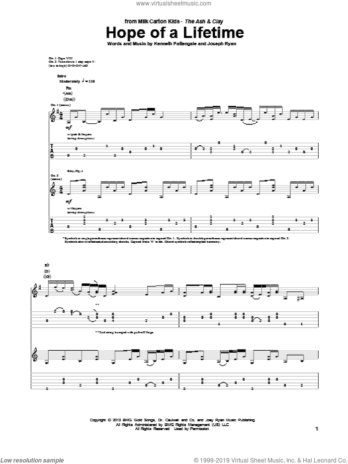 Hope Of A Lifetime sheet music for guitar (tablature) by Milk Carton Kids, Joseph Ryan and Kenneth Pattengale, intermediate skill level