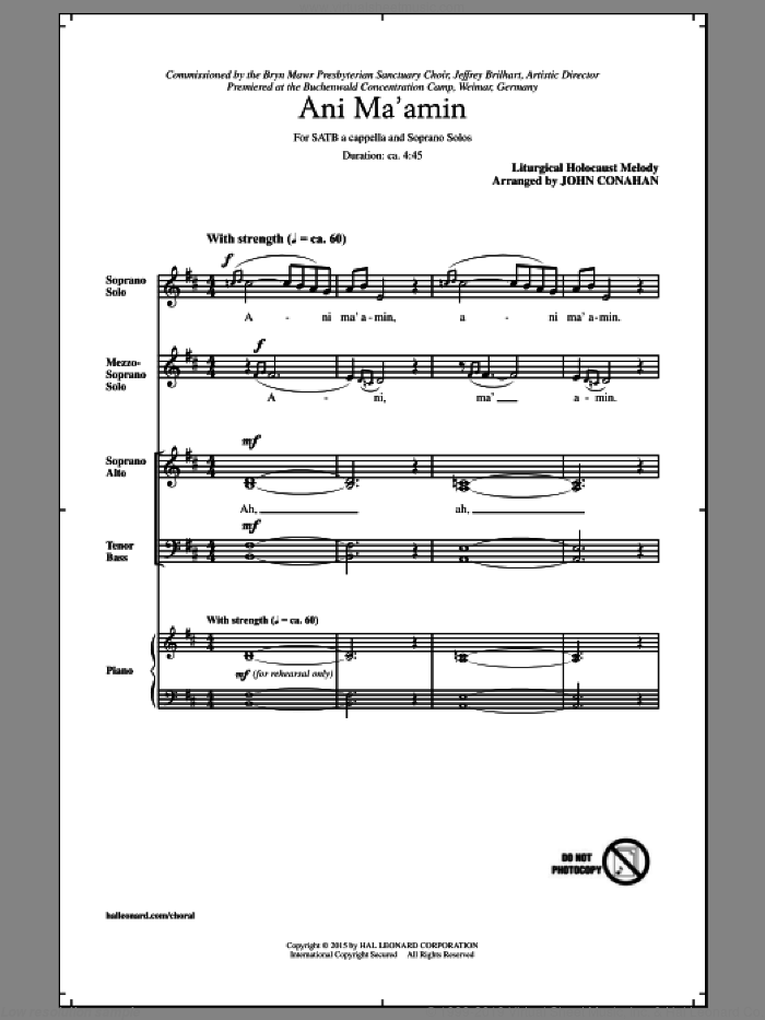 Ani Ma'amin sheet music for choir (SATB: soprano, alto, tenor, bass) by John Conahan, intermediate skill level
