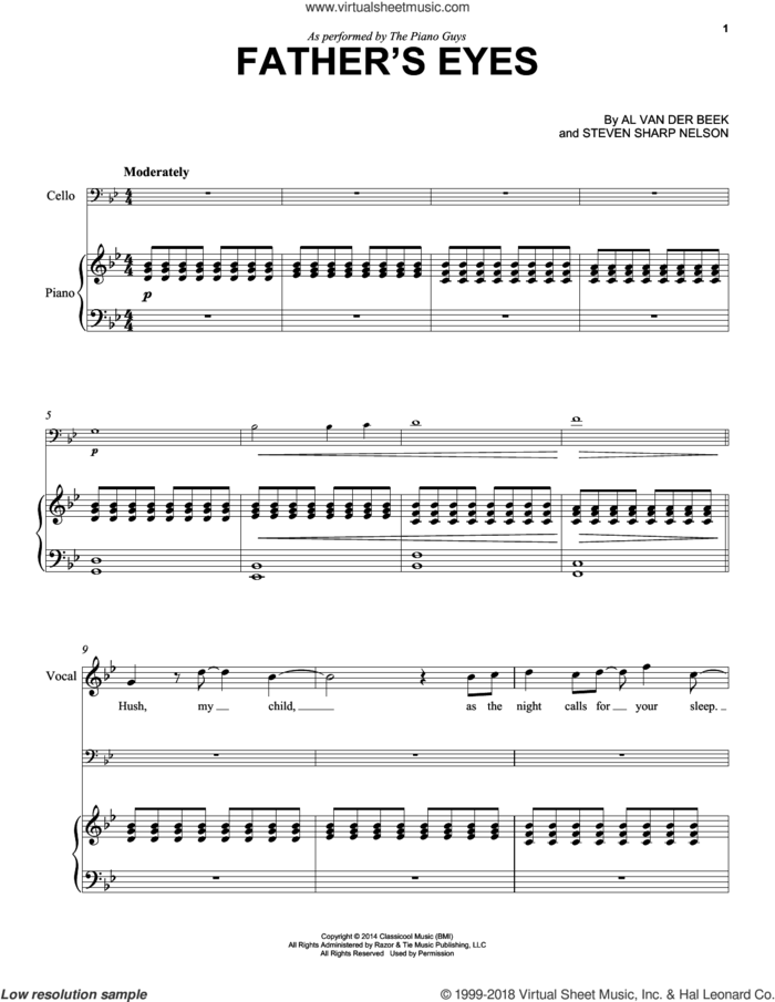 Father's Eyes sheet music for cello and piano by The Piano Guys, Al van der Beek and Steven Sharp Nelson, classical score, intermediate skill level