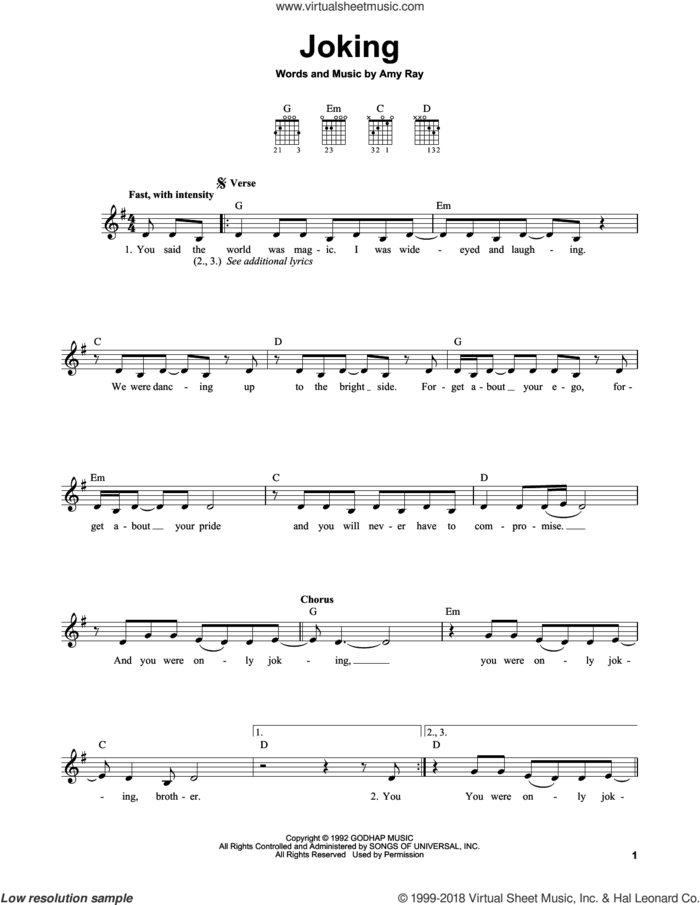 Joking sheet music for guitar solo (chords) by Indigo Girls and Amy Ray, easy guitar (chords)