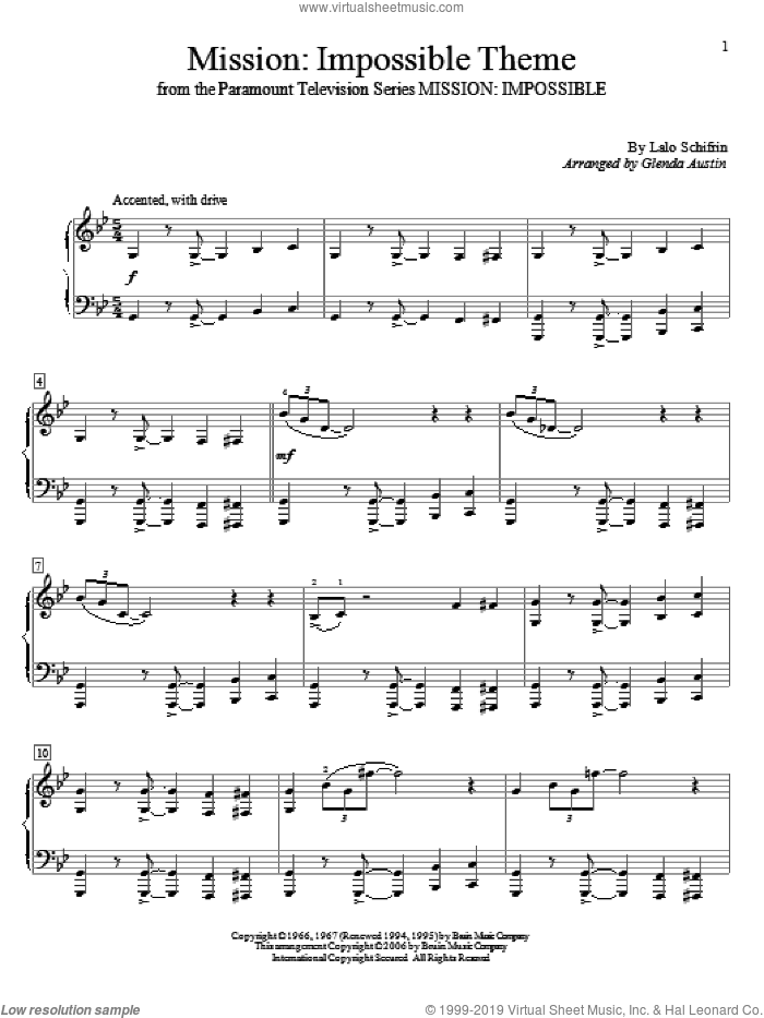 Mission: Impossible Theme sheet music for piano solo (elementary) by Lalo Schifrin and Glenda Austin, beginner piano (elementary)