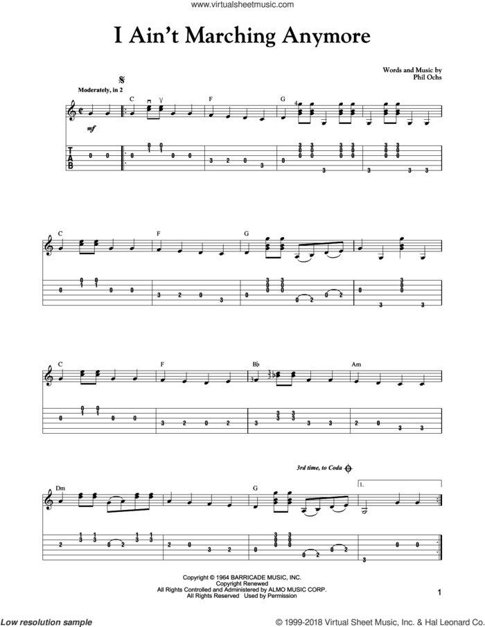 I Ain't Marching Anymore sheet music for guitar solo by Carter Style Guitar, Carter Family and Phil Ochs, intermediate skill level