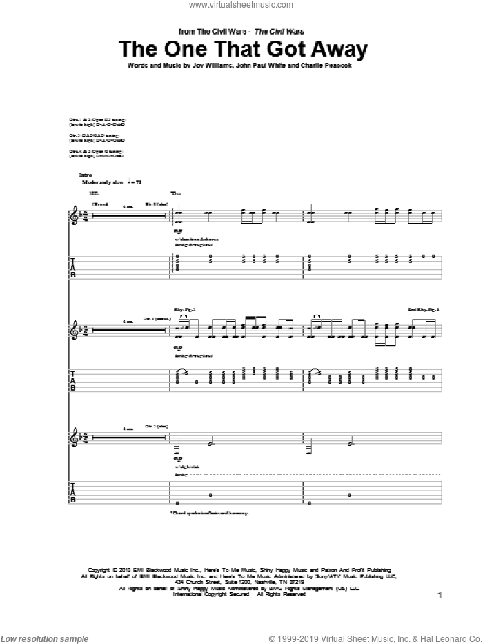 The One That Got Away sheet music for guitar (tablature) by The Civil Wars, Charlie Peacock, John Paul White and Joy Williams, intermediate skill level