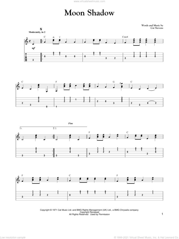 Moon Shadow sheet music for guitar solo by Cat Stevens, Carter Style Guitar and Carter Family, intermediate skill level
