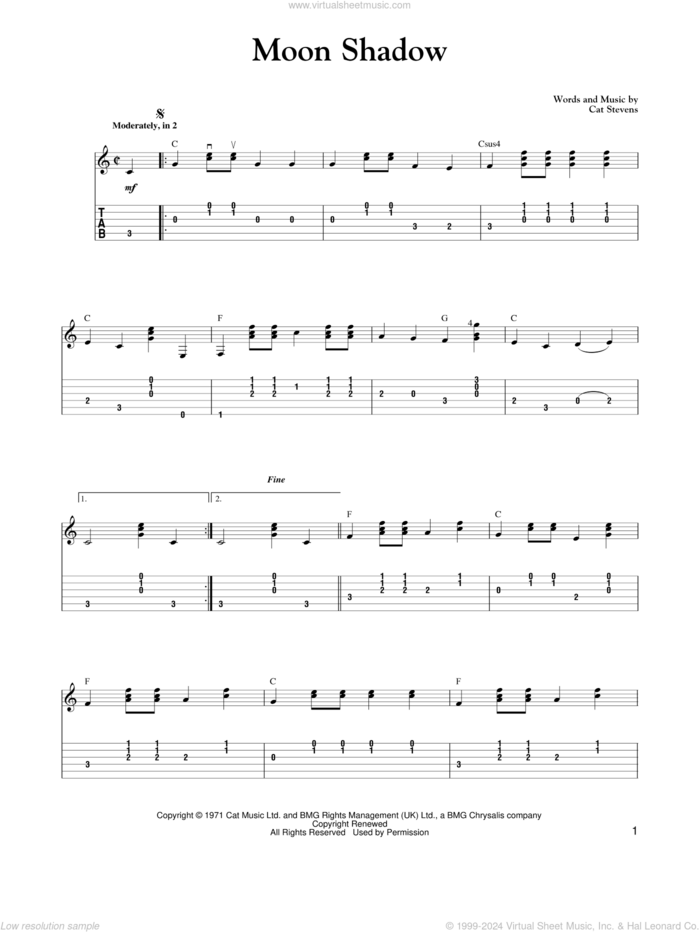 Moon Shadow sheet music for guitar solo by Cat Stevens, Carter Style Guitar and Carter Family, intermediate skill level