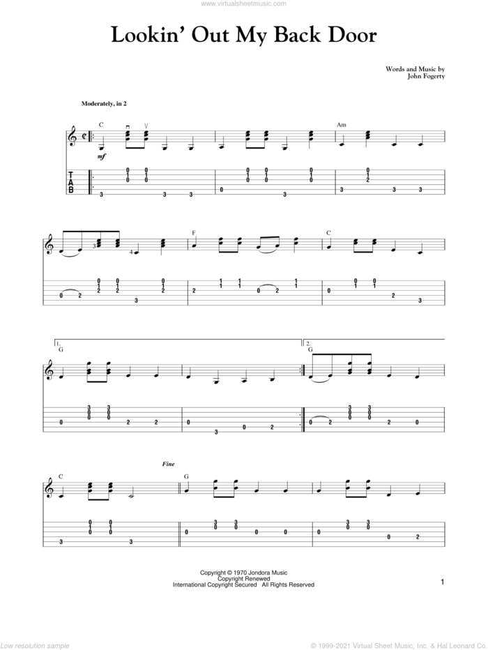 Lookin' Out My Back Door sheet music for guitar solo by John Fogerty, Carter Style Guitar, Carter Family and Creedence Clearwater Revival, intermediate skill level