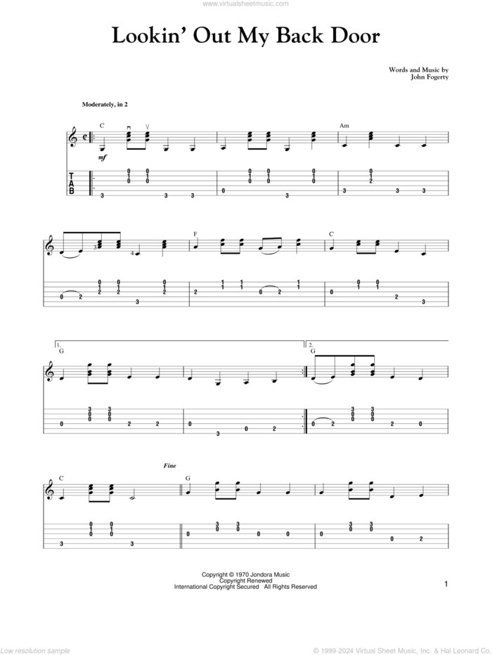 Lookin' Out My Back Door sheet music for guitar solo by John Fogerty, Carter Style Guitar, Carter Family and Creedence Clearwater Revival, intermediate skill level