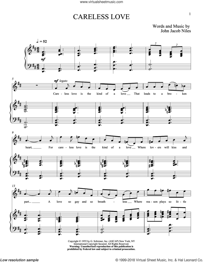 Careless Love sheet music for voice and piano (High Voice) by John Jacob Niles, intermediate skill level