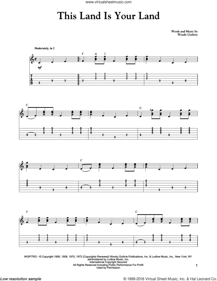 This Land Is Your Land sheet music for guitar solo by Woody Guthrie, Carter Style Guitar, Carter Family, New Christy Minstrels, Peter, Paul & Mary and Woody & Arlo Guthrie, intermediate skill level