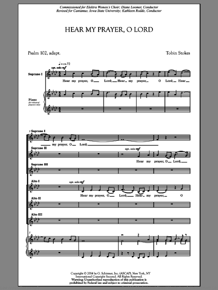 Hear My Prayer, Oh Lord sheet music for choir (SSA: soprano, alto) by Tobin Stokes, intermediate skill level