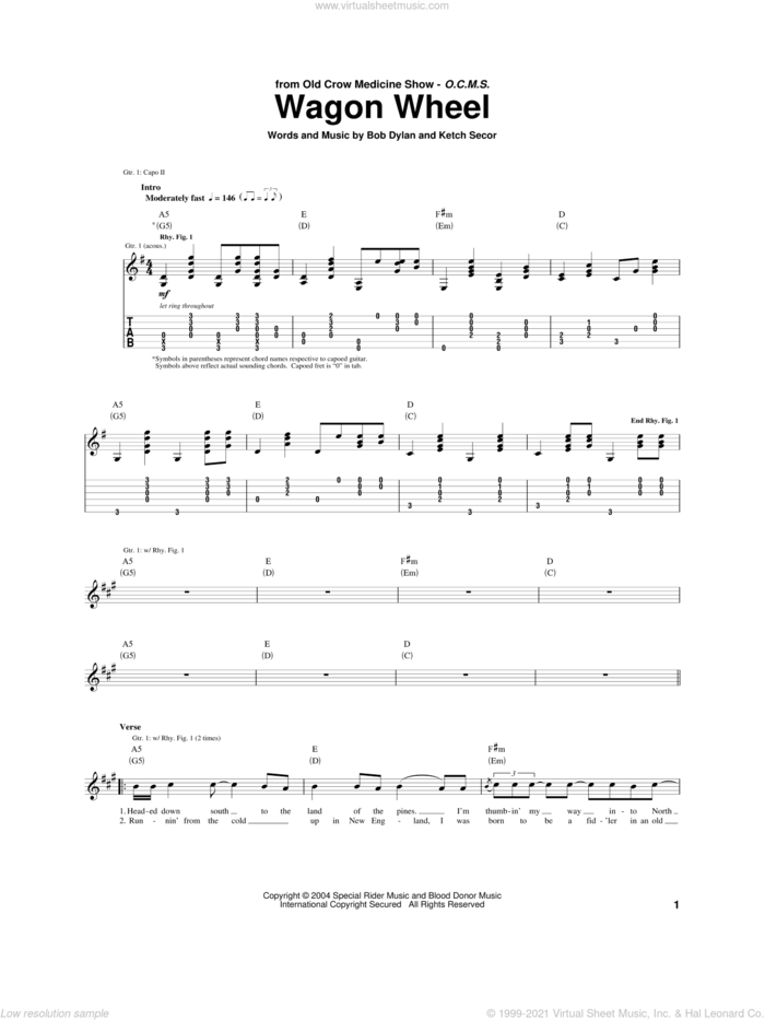 Wagon Wheel sheet music for guitar (tablature) by Boby Dylan, Bob Dylan, Old Crow Medicine Show and Ketch Secor, intermediate skill level