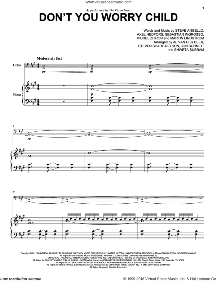 Don't You Worry Child sheet music for cello and piano by The Piano Guys, Swedish House Mafia featuring John Martin, Axel Hedfors, Martin Lindstrom, Michel Zitron, Sebastian Ingrosso and Steve Angello, intermediate skill level