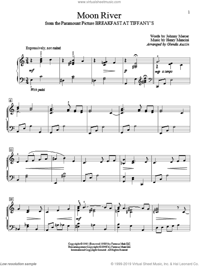 Moon River sheet music for piano solo (elementary) by Johnny Mercer, Glenda Austin, Andy Williams and Henry Mancini, beginner piano (elementary)