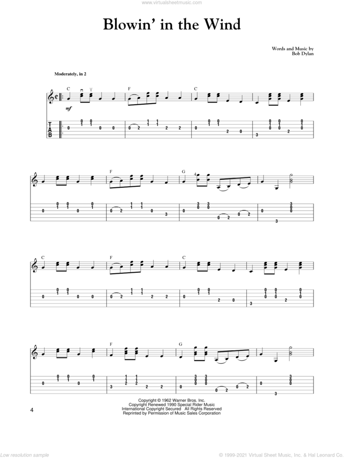 Blowin' In The Wind sheet music for guitar solo by Bob Dylan, Carter Style Guitar, Carter Family, Peter, Paul & Mary and Stevie Wonder, intermediate skill level