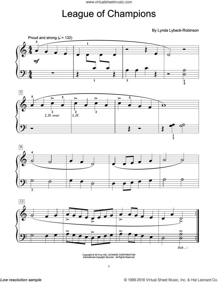 League Of Champions sheet music for piano solo (elementary) by Lynda Lybeck-Robinson, beginner piano (elementary)