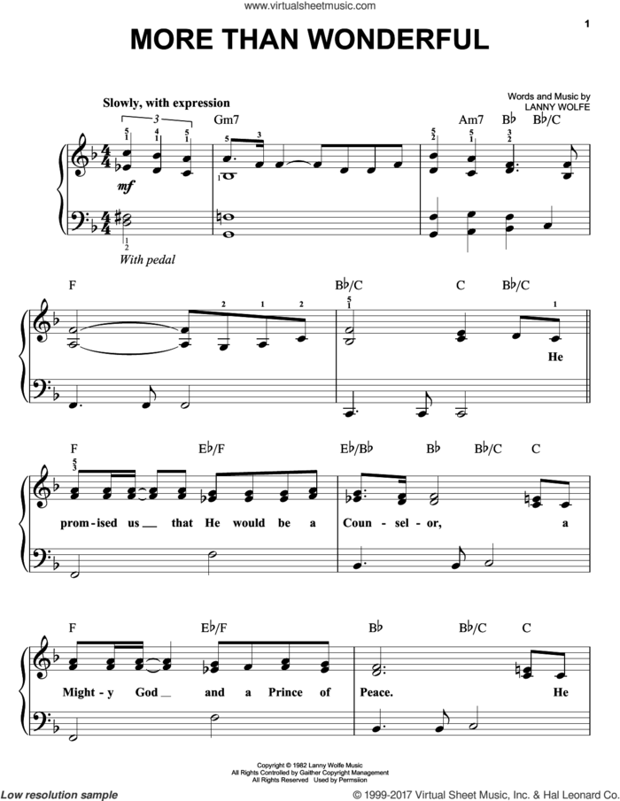 More Than Wonderful sheet music for piano solo by Lanny Wolfe, easy skill level