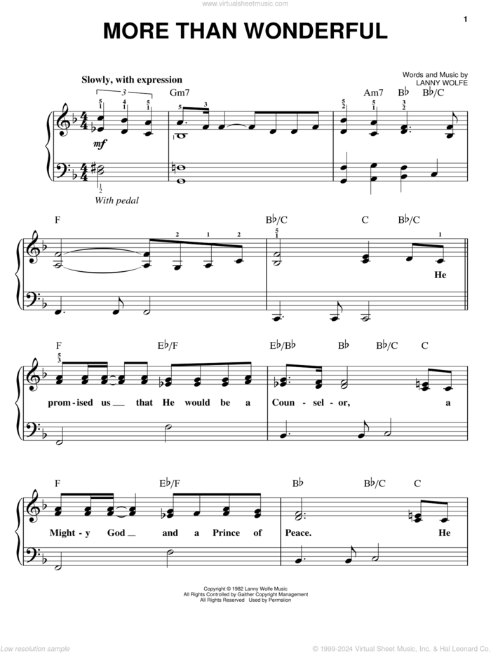 More Than Wonderful sheet music for piano solo by Lanny Wolfe, easy skill level