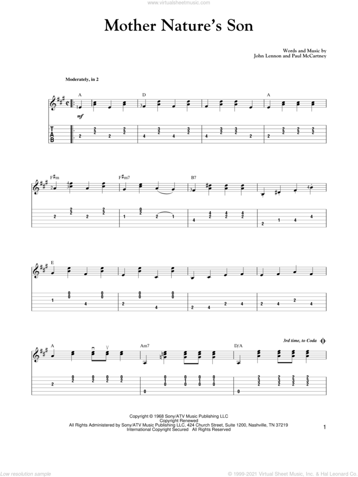 Mother Nature's Son sheet music for guitar solo by Paul McCartney, Carter Style Guitar, Carter Family, The Beatles and John Lennon, intermediate skill level