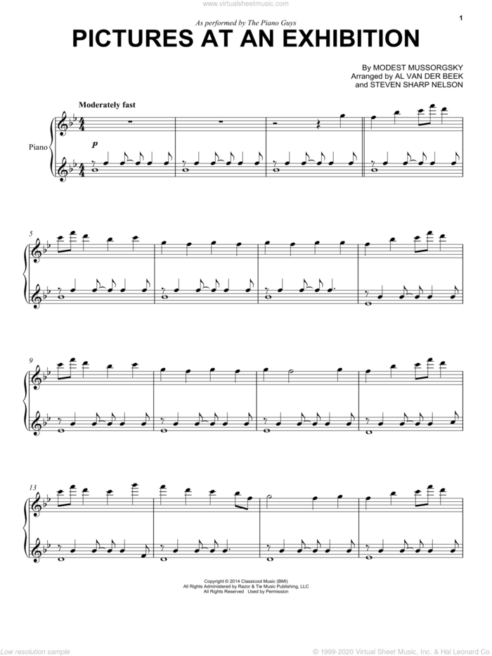 Pictures At An Exhibition sheet music for cello and piano by The Piano Guys, Al van der Beek, Modest Petrovic Mussorgsky and Steven Sharp Nelson, classical score, intermediate skill level