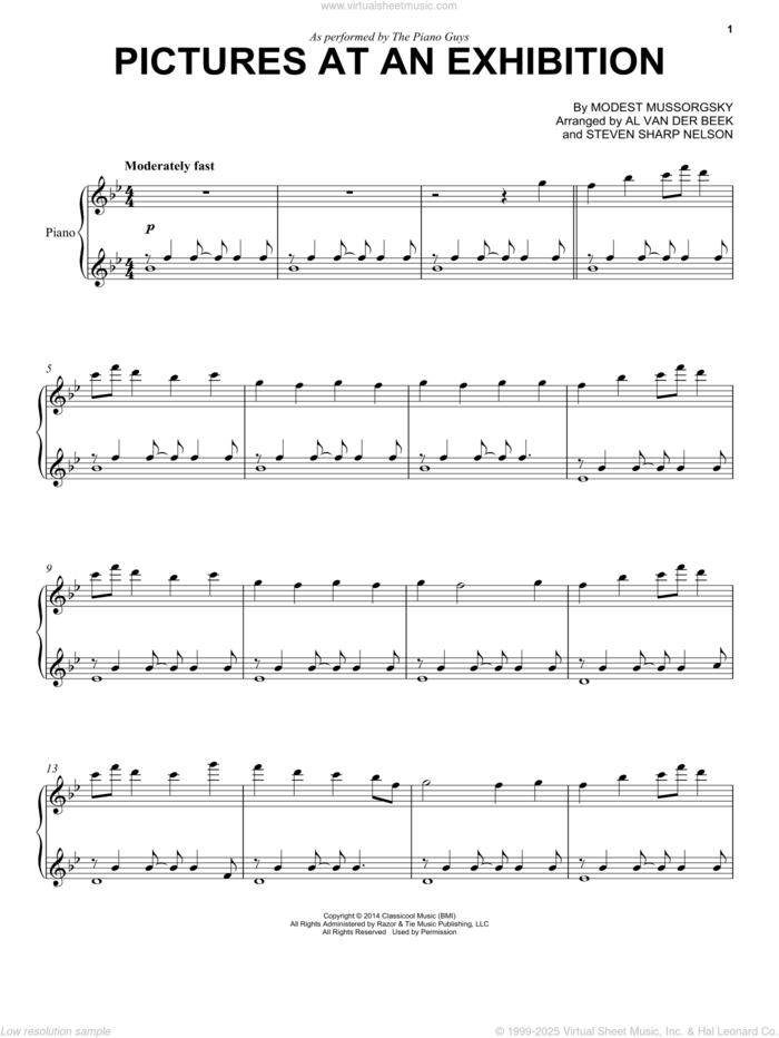 Pictures At An Exhibition sheet music for cello and piano by The Piano Guys, Al van der Beek, Modest Petrovic Mussorgsky and Steven Sharp Nelson, classical score, intermediate skill level
