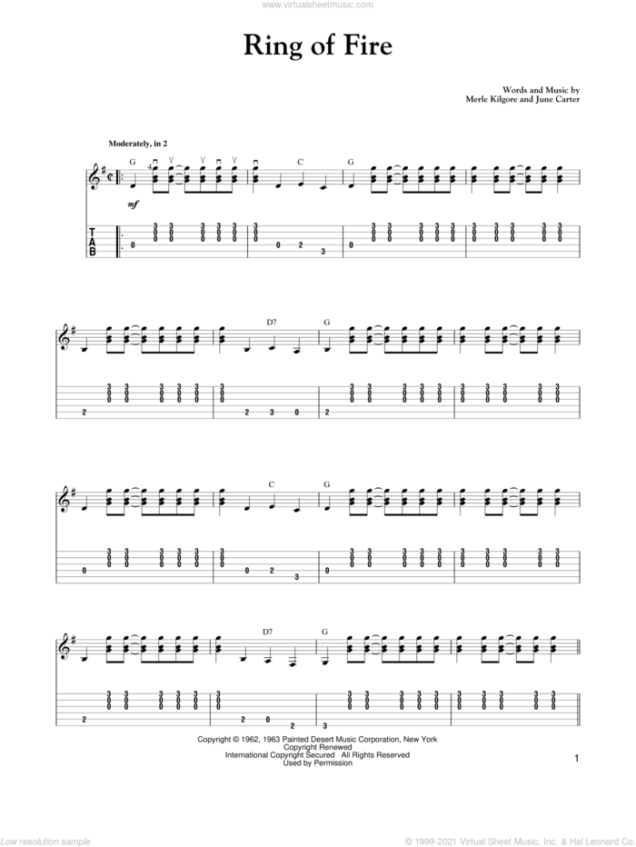 Ring Of Fire sheet music for guitar solo by Carter Style Guitar, Alan Jackson, Carter Family, Johnny Cash, June Carter and Merle Kilgore, intermediate skill level