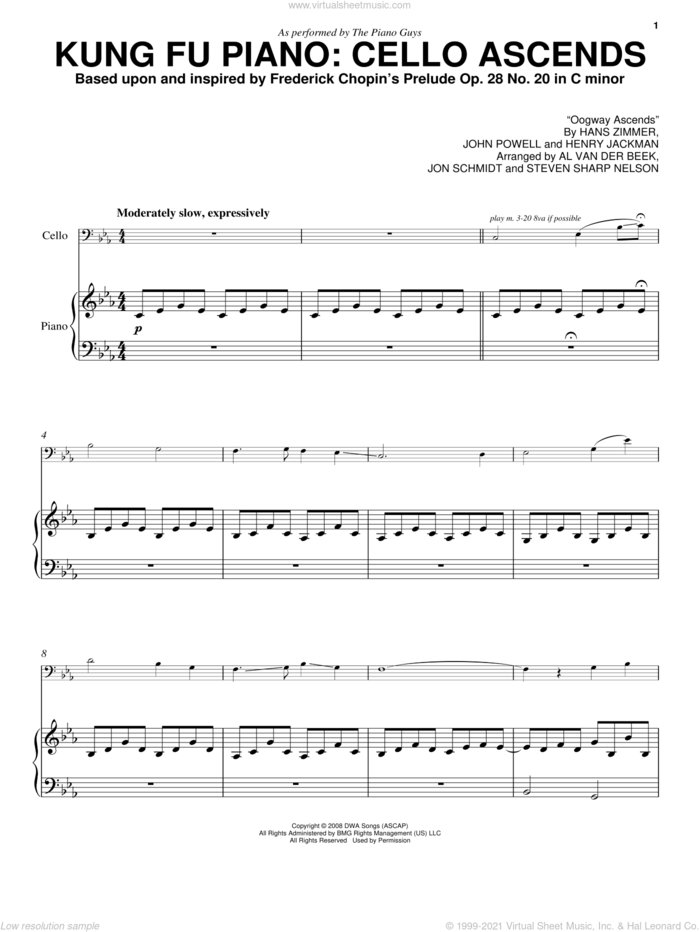 Kung Fu Piano: Cello Ascends sheet music for cello and piano by The Piano Guys, Al van der Beek, Frederick Chopin, Hans Zimmer, Henry Jackman, John Powell, Jon Schmidt and Steven Sharp Nelson, classical score, intermediate skill level