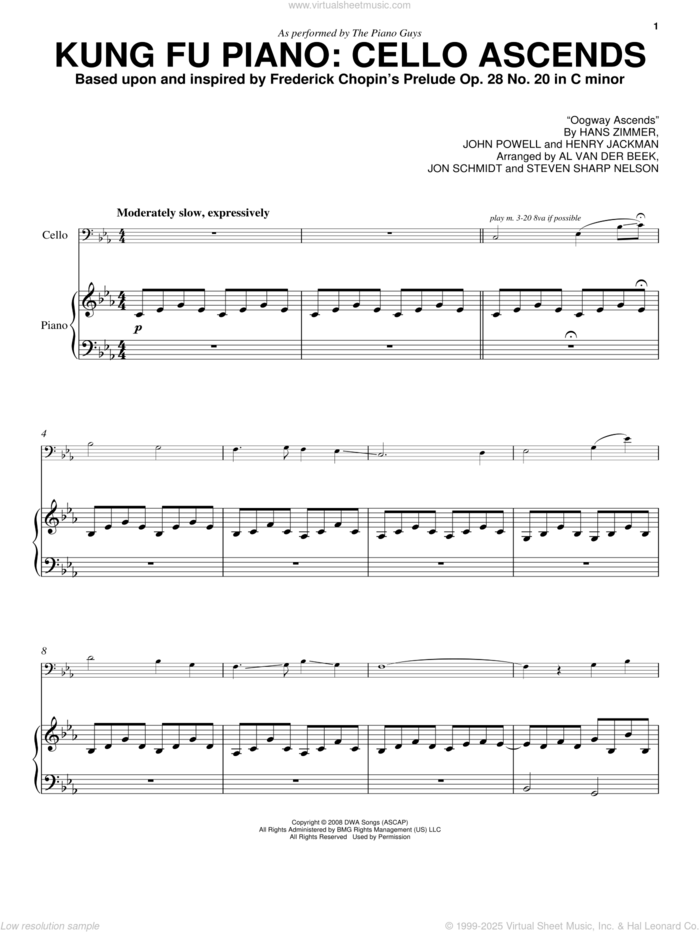 Kung Fu Piano: Cello Ascends sheet music for cello and piano by The Piano Guys, Al van der Beek, Frederick Chopin, Hans Zimmer, Henry Jackman, John Powell, Jon Schmidt and Steven Sharp Nelson, classical score, intermediate skill level