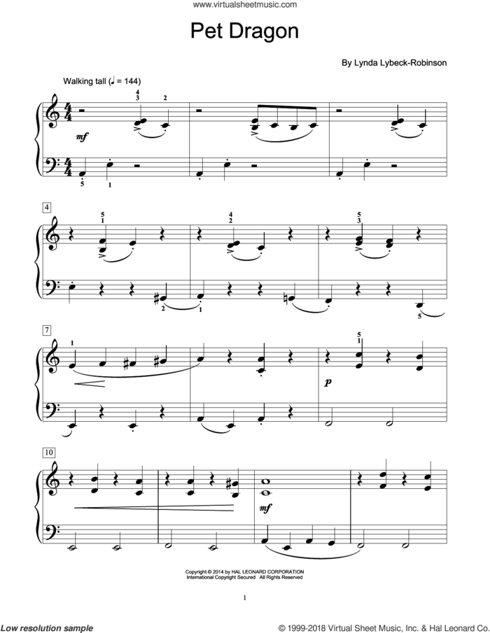 Pet Dragon sheet music for piano solo (elementary) by Lynda Lybeck-Robinson, beginner piano (elementary)
