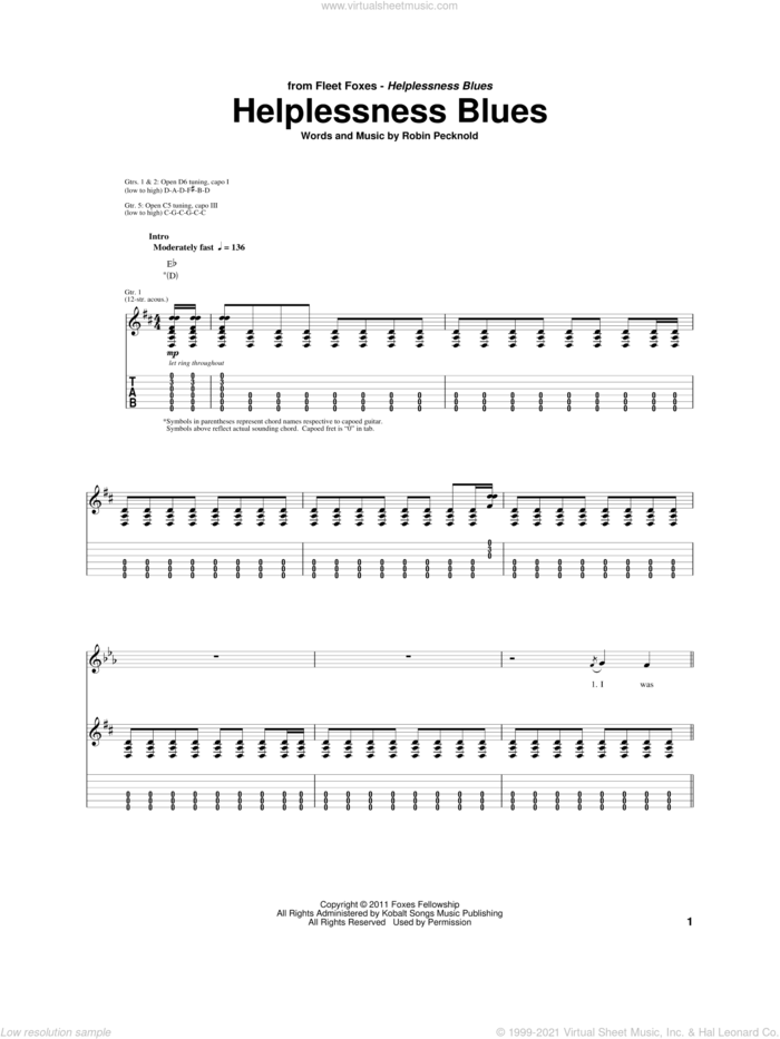 Helplessness Blues sheet music for guitar (tablature) by Fleet Foxes and Robin Pecknold, intermediate skill level