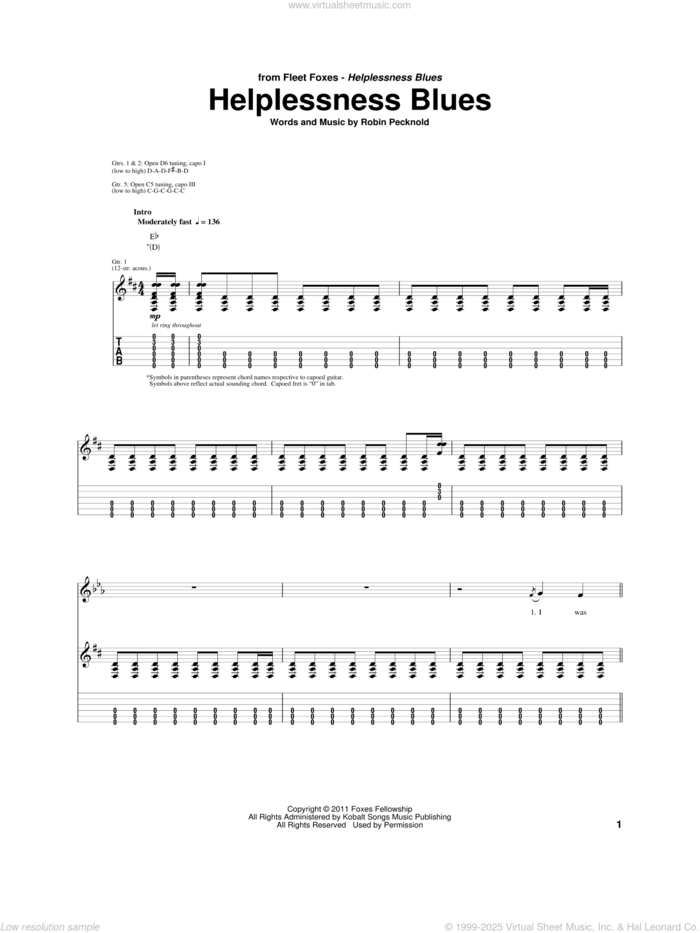 Helplessness Blues sheet music for guitar (tablature) by Fleet Foxes and Robin Pecknold, intermediate skill level