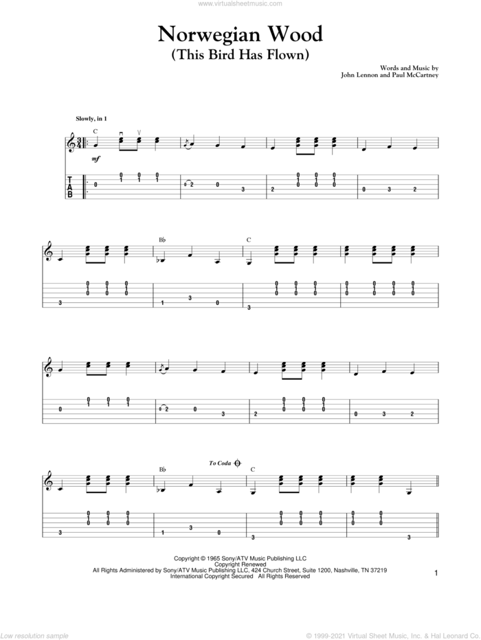 Norwegian Wood (This Bird Has Flown) sheet music for guitar solo by Paul McCartney, Carter Style Guitar, Carter Family, The Beatles and John Lennon, intermediate skill level