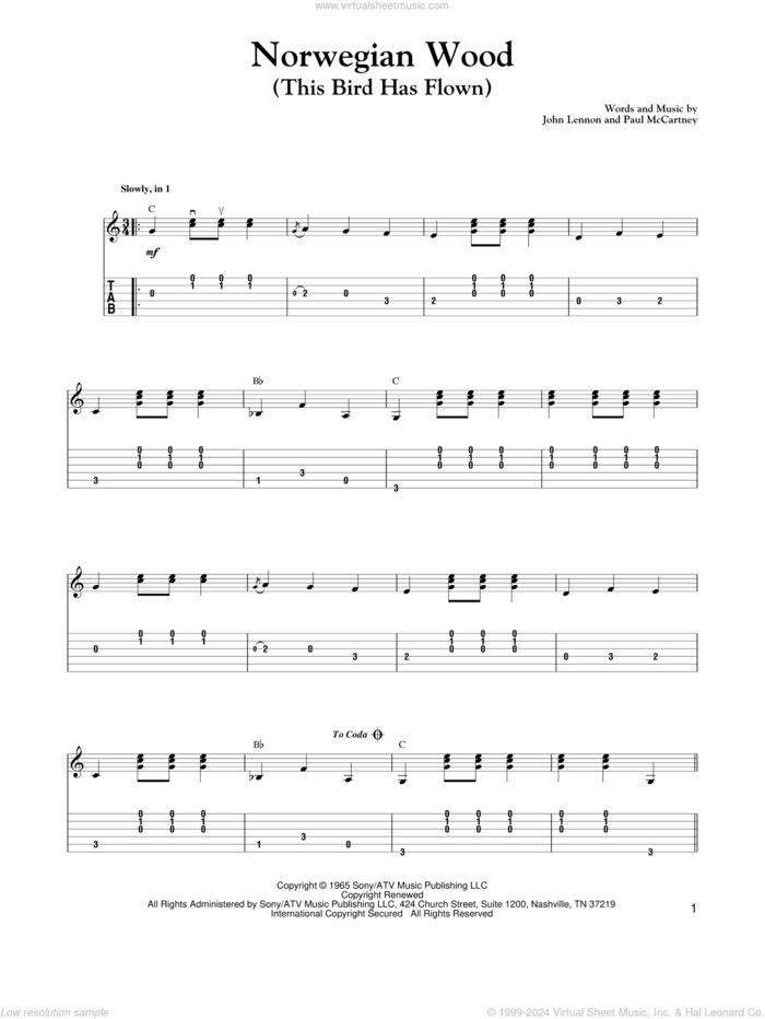 Norwegian Wood (This Bird Has Flown) sheet music for guitar solo by Paul McCartney, Carter Style Guitar, Carter Family, The Beatles and John Lennon, intermediate skill level