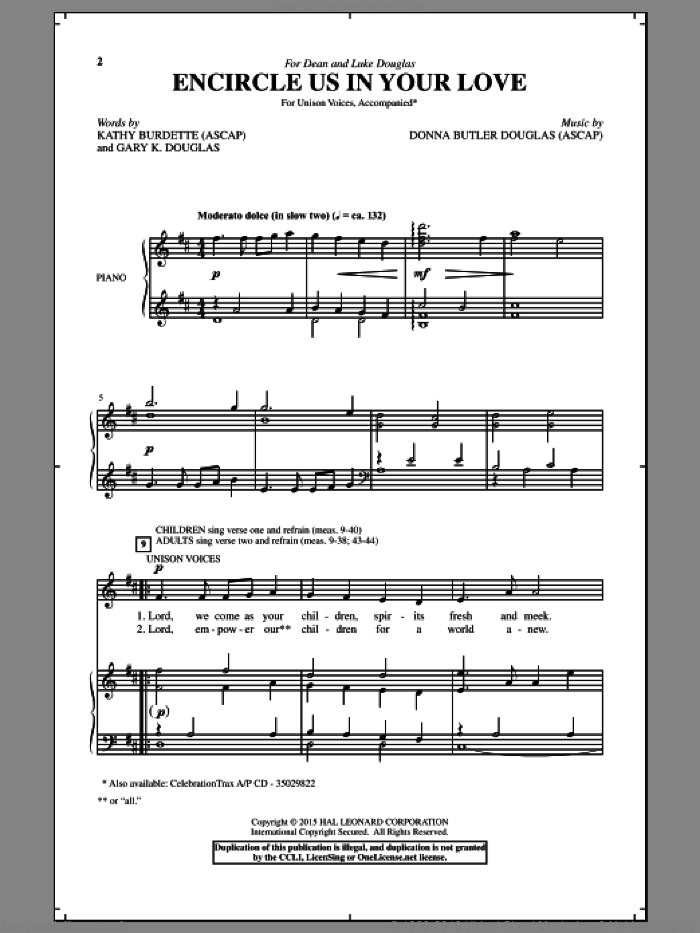 Encircle Us In Your Love sheet music for choir (Unison) by Donna Butler Douglas, Gary K. Douglas and Kathy Burdette, intermediate skill level