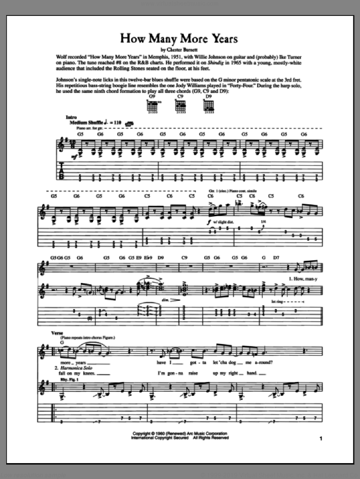 How Many More Years sheet music for guitar (tablature) by Howlin' Wolf and Chester Burnett, intermediate skill level